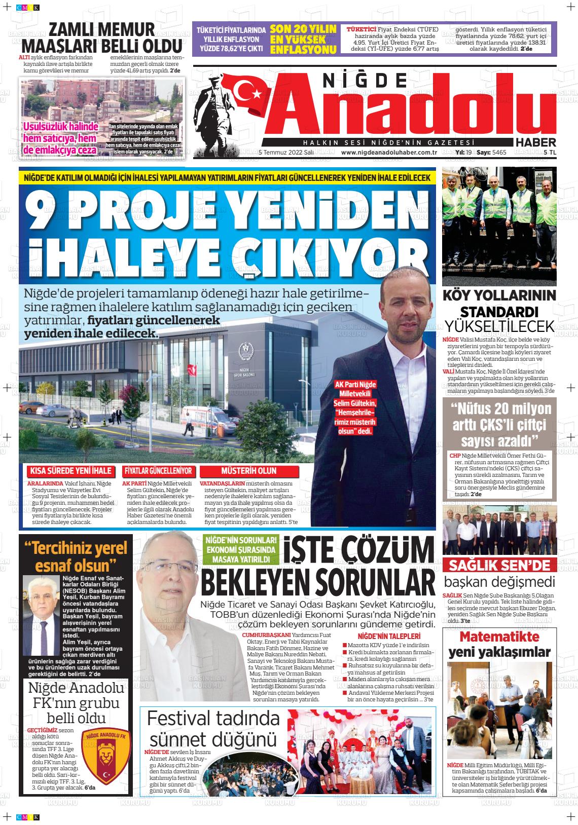 05 Temmuz 2022 Niğde Anadolu Haber Gazete Manşeti