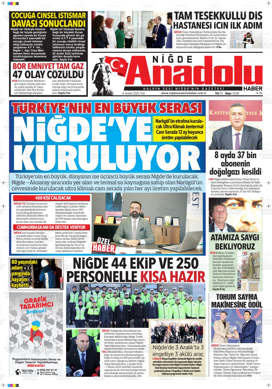 06 Aralık 2022 Niğde Anadolu Haber Gazete Manşeti