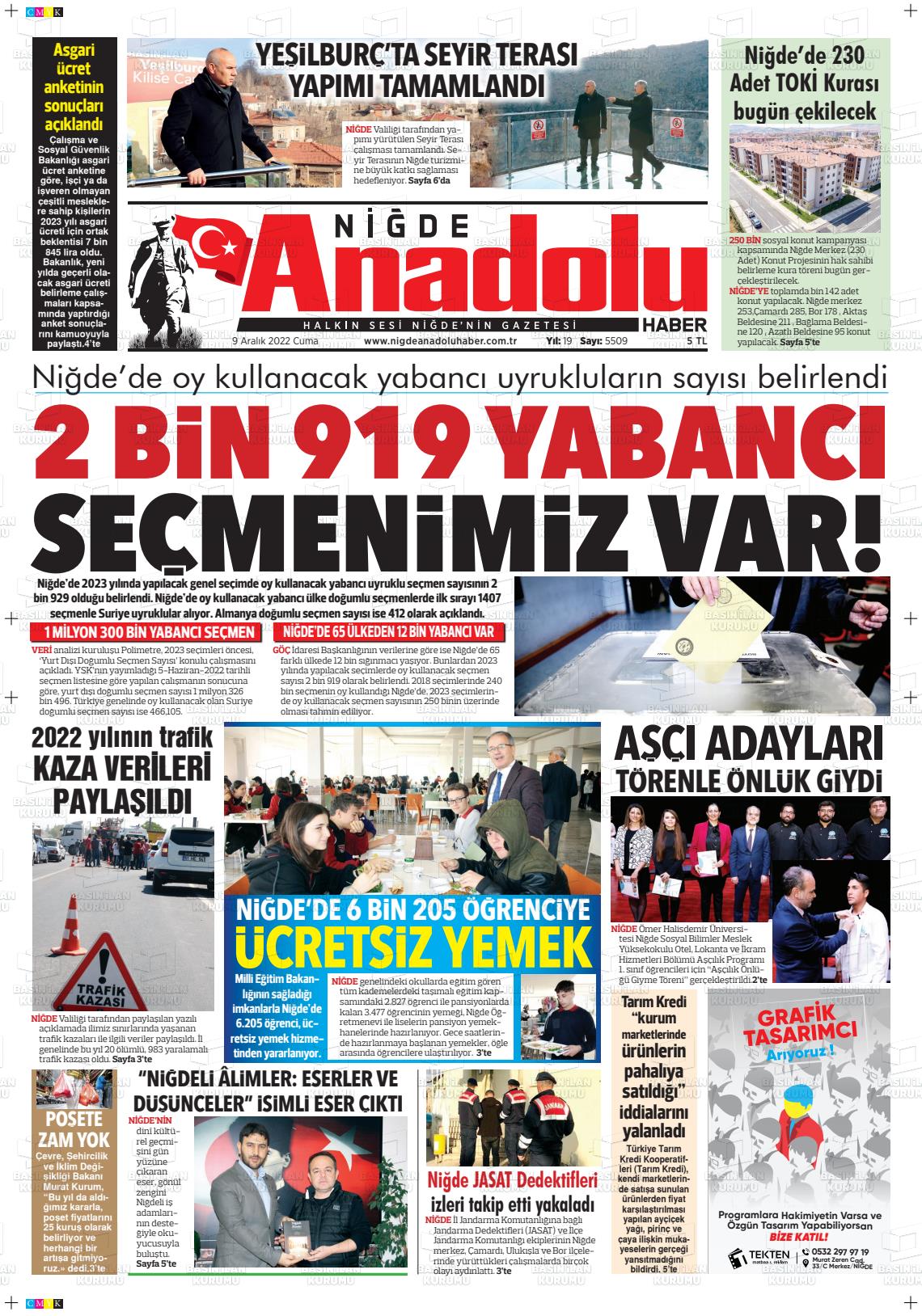 09 Aralık 2022 Niğde Anadolu Haber Gazete Manşeti