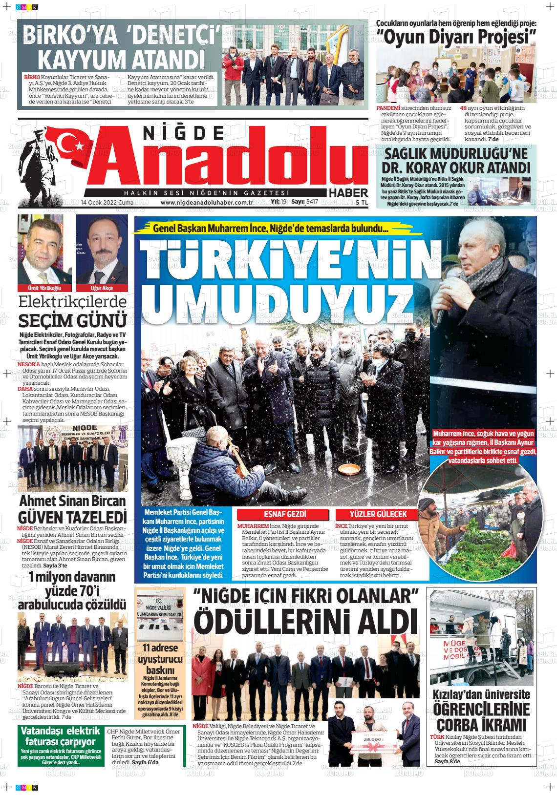 14 Ocak 2022 Niğde Anadolu Haber Gazete Manşeti