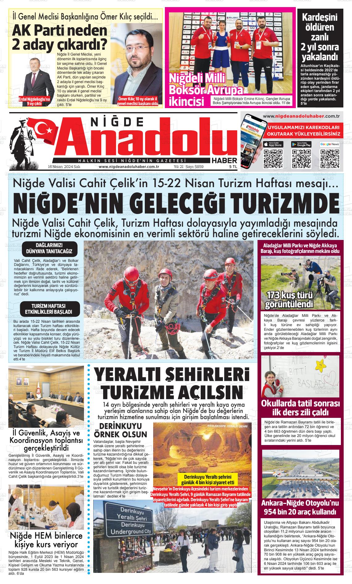 18 Nisan 2024 Niğde Anadolu Haber Gazete Manşeti