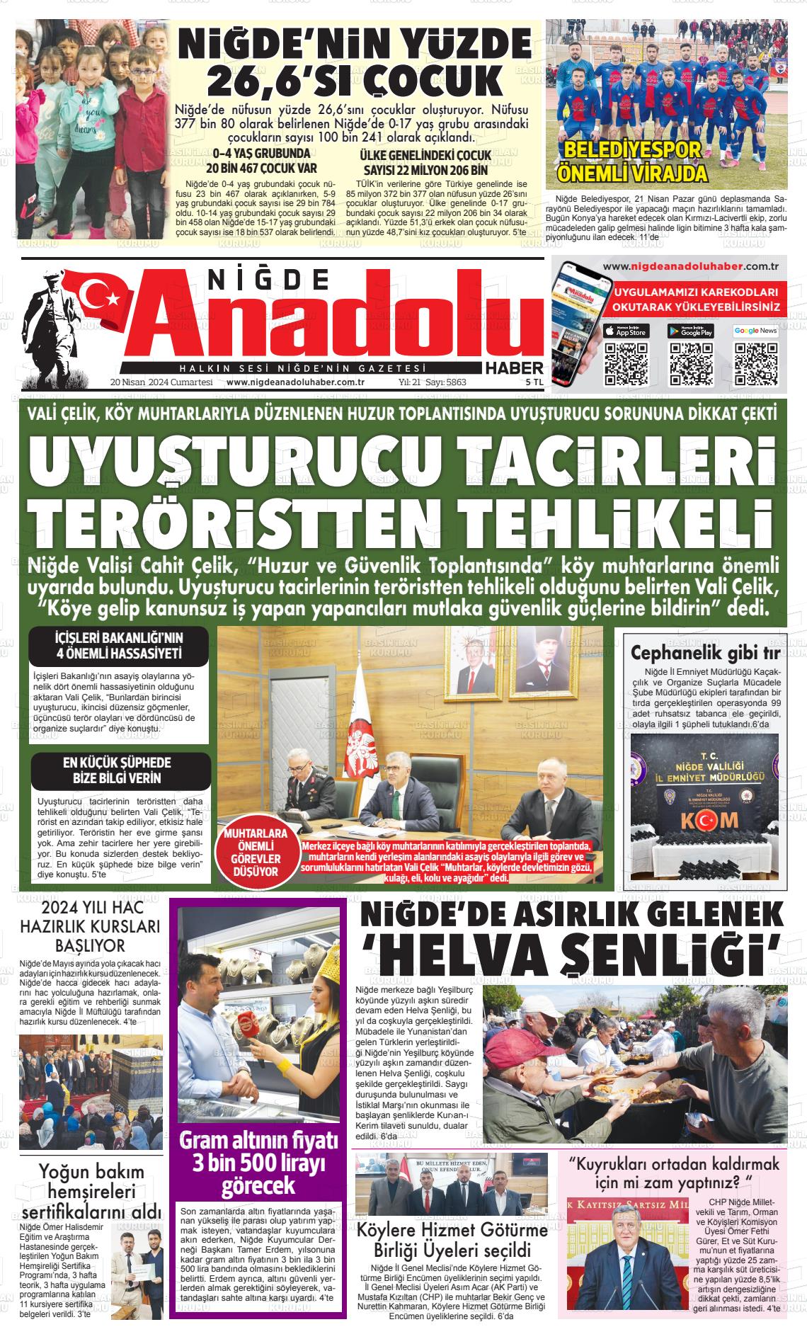 20 Nisan 2024 Niğde Anadolu Haber Gazete Manşeti
