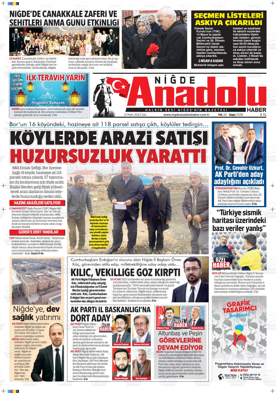 21 Mart 2023 Niğde Anadolu Haber Gazete Manşeti