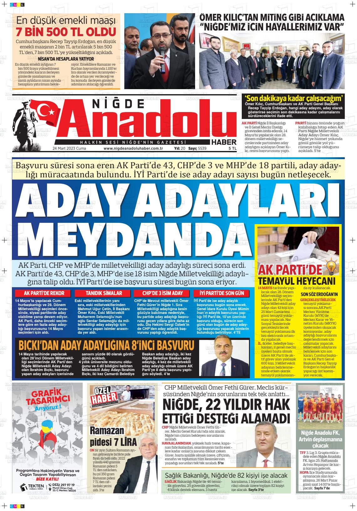 24 Mart 2023 Niğde Anadolu Haber Gazete Manşeti