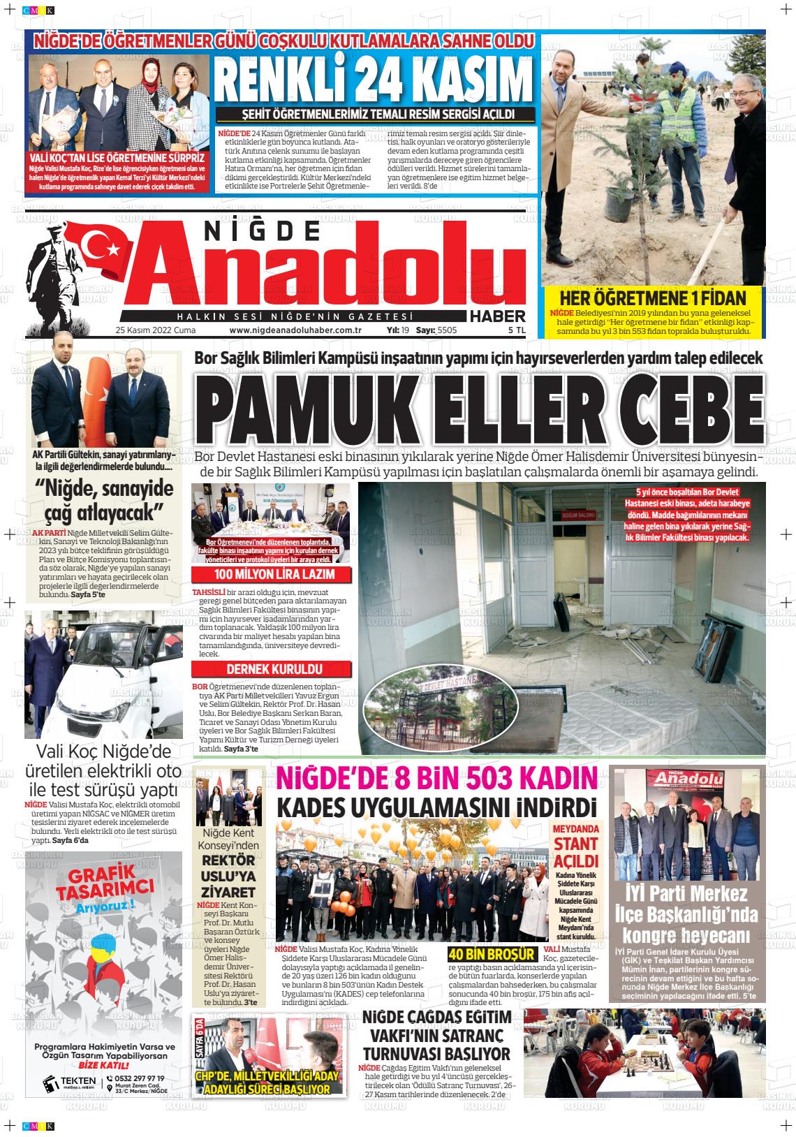 25 Kasım 2022 Niğde Anadolu Haber Gazete Manşeti