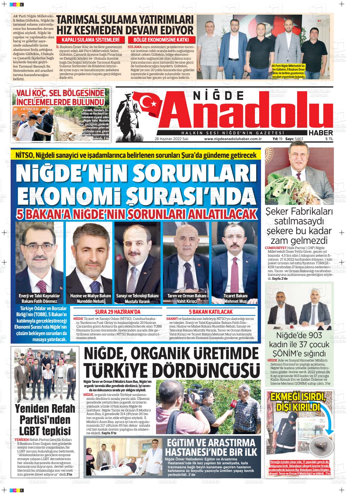 28 Haziran 2022 Niğde Anadolu Haber Gazete Manşeti