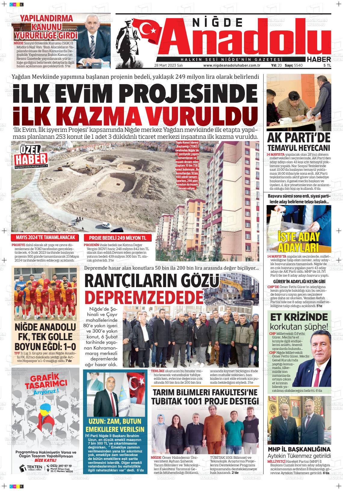 28 Mart 2023 Niğde Anadolu Haber Gazete Manşeti
