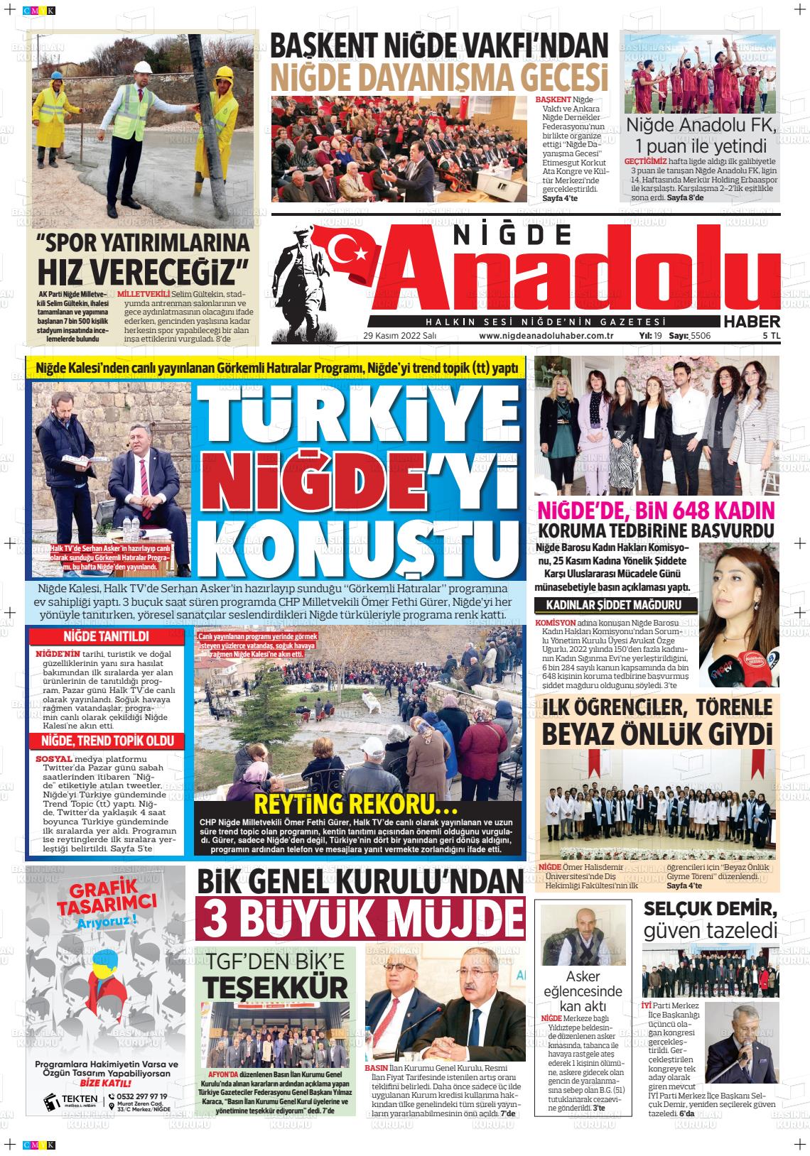 29 Kasım 2022 Niğde Anadolu Haber Gazete Manşeti
