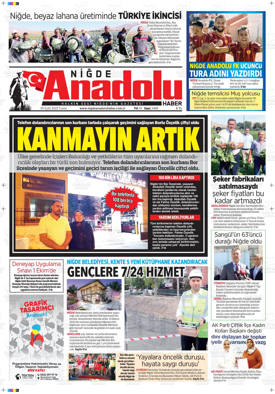 30 Eylül 2022 Niğde Anadolu Haber Gazete Manşeti