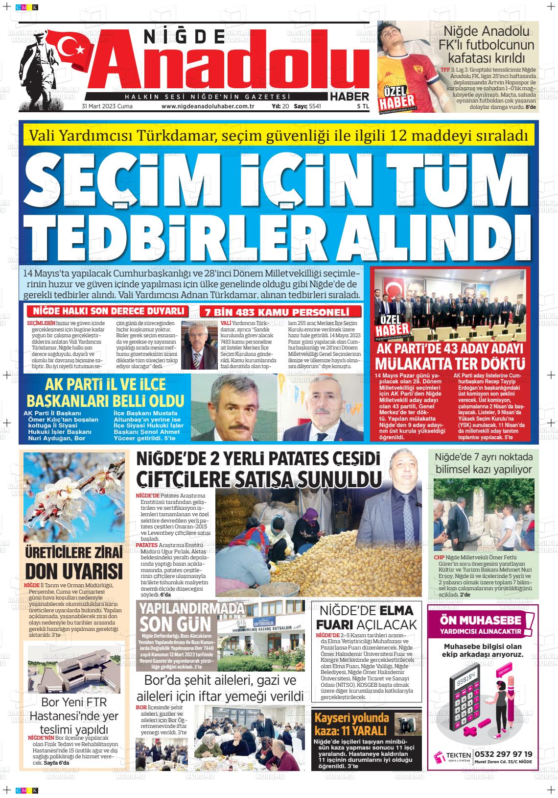 31 Mart 2023 Niğde Anadolu Haber Gazete Manşeti