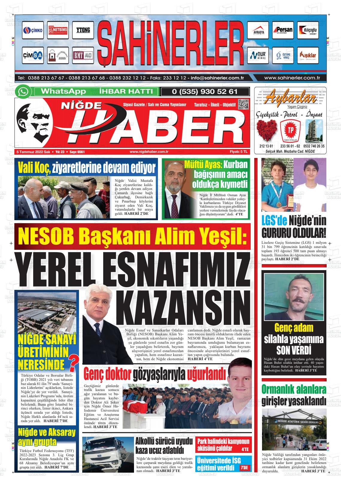 05 Temmuz 2022 Niğde Haber Gazete Manşeti