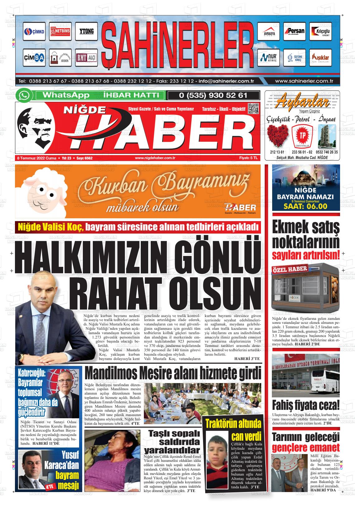 08 Temmuz 2022 Niğde Haber Gazete Manşeti