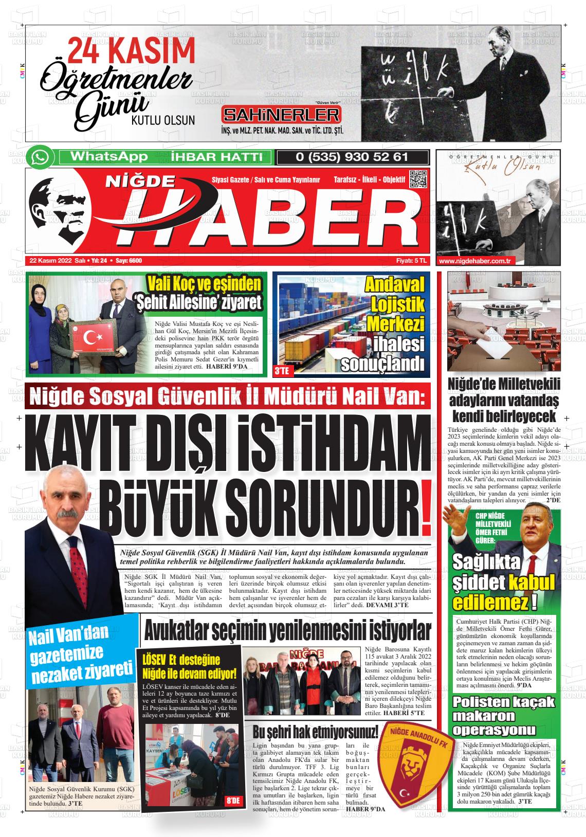 22 Kasım 2022 Niğde Haber Gazete Manşeti