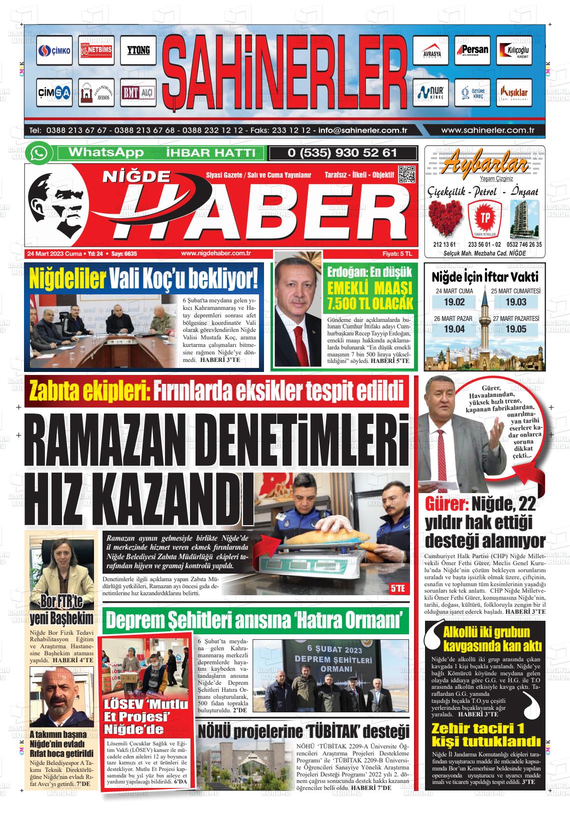 24 Mart 2023 Niğde Haber Gazete Manşeti