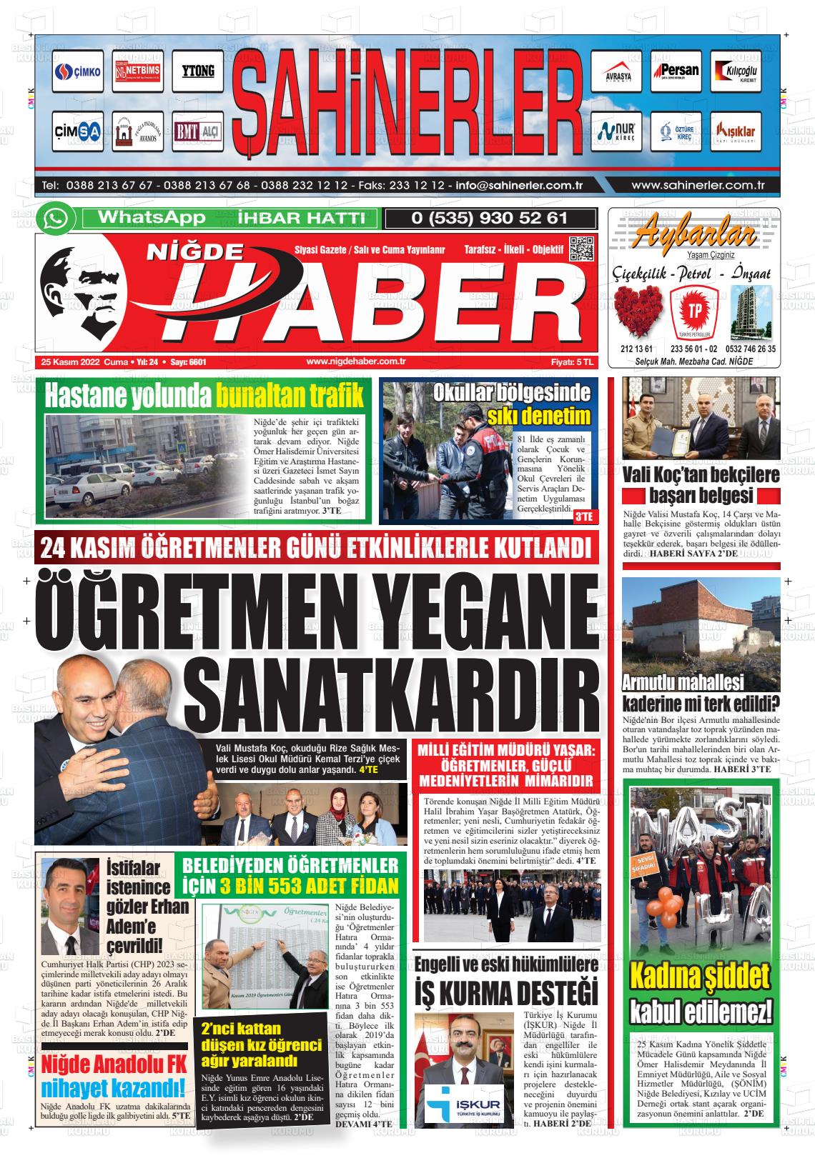25 Kasım 2022 Niğde Haber Gazete Manşeti