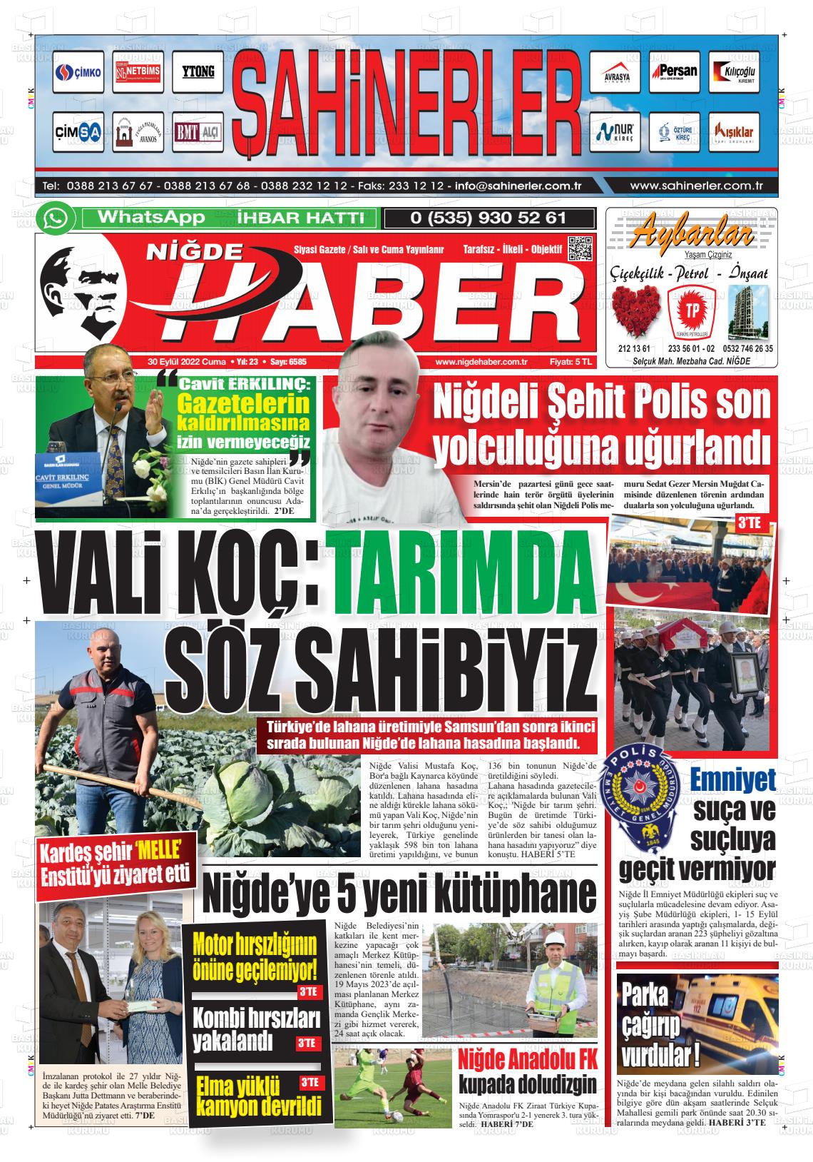 30 Eylül 2022 Niğde Haber Gazete Manşeti