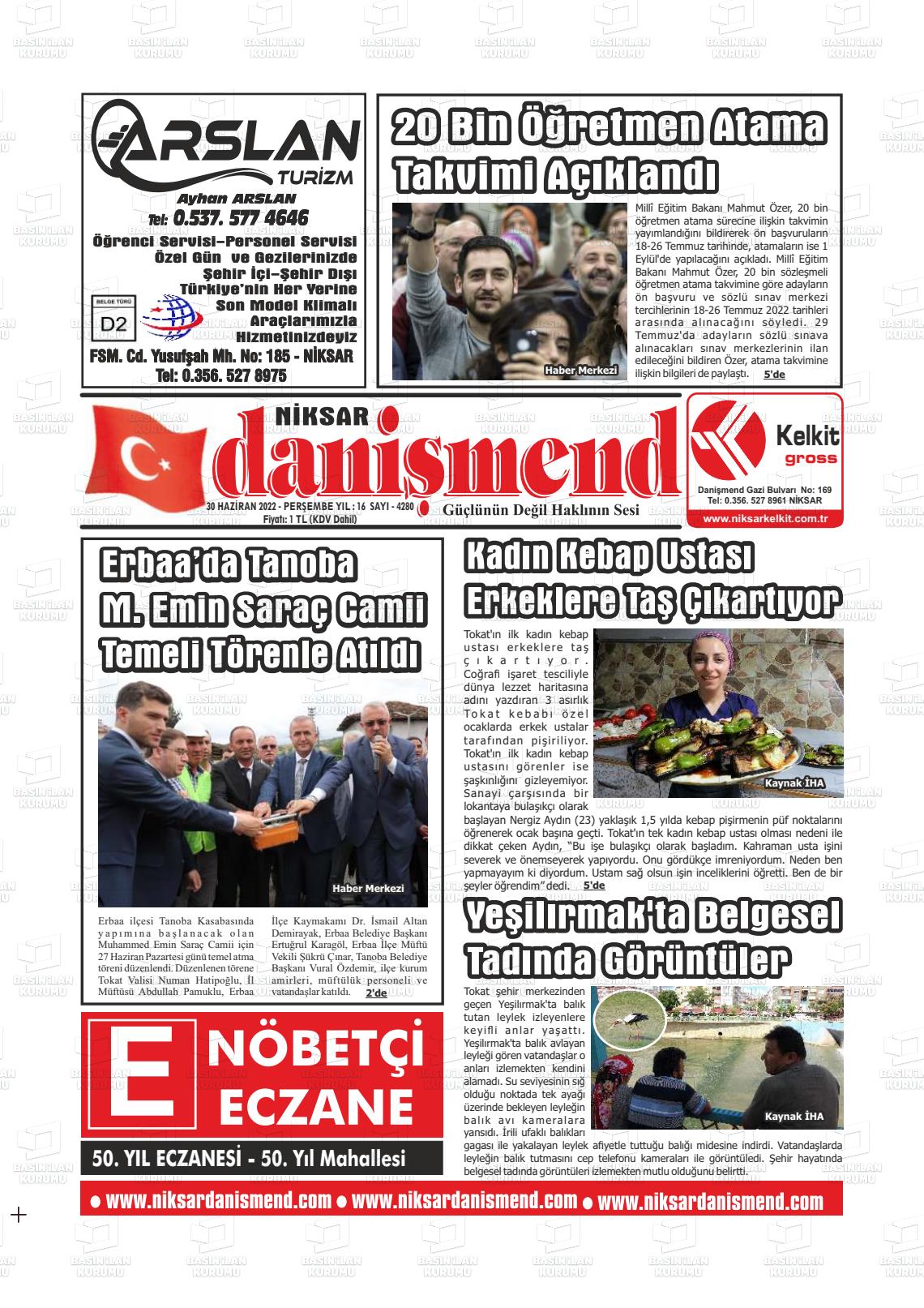 01 Temmuz 2022 Niksar Danişmend Gazete Manşeti