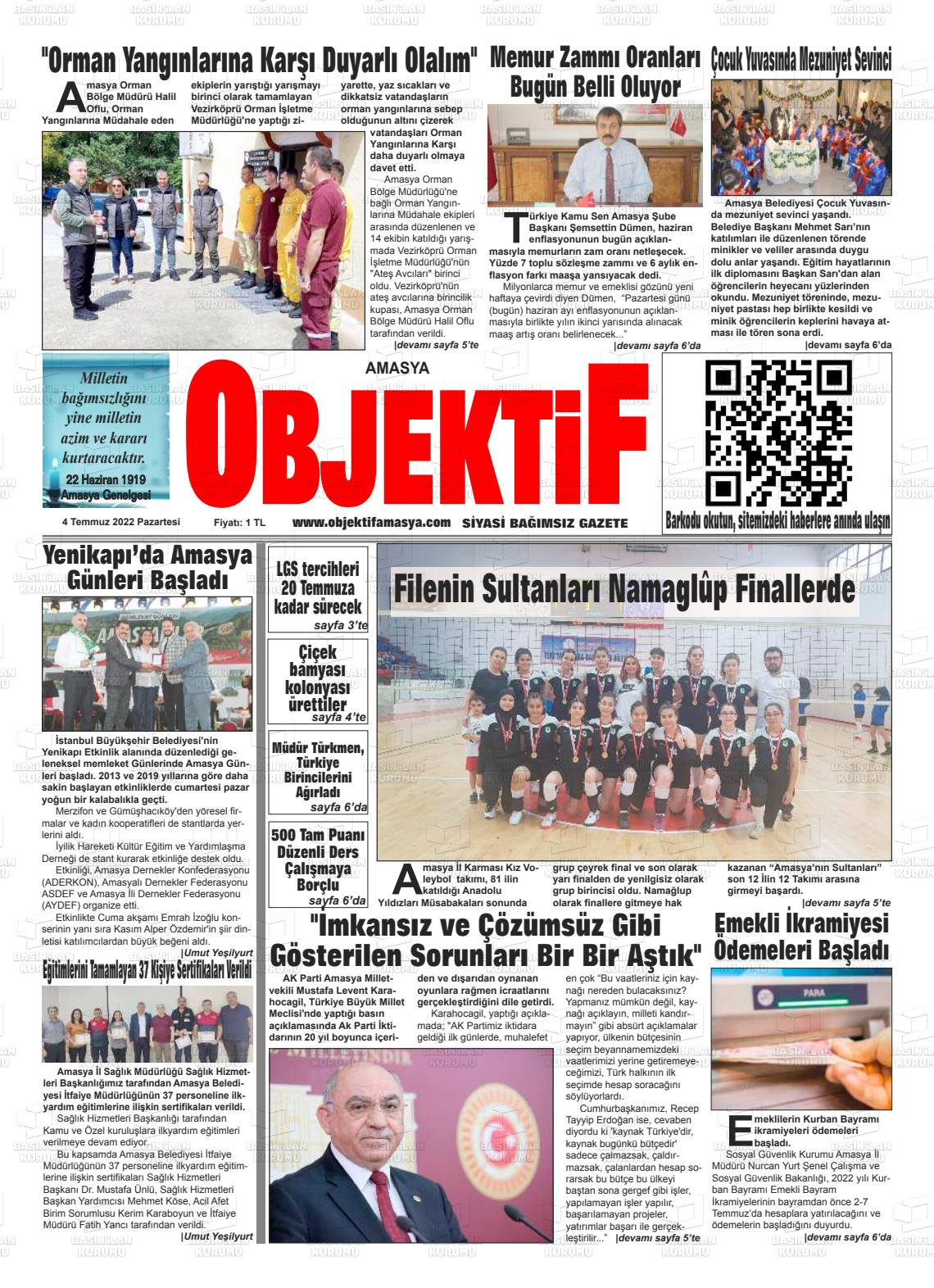 04 Temmuz 2022 Amasya Objektif Gazete Manşeti