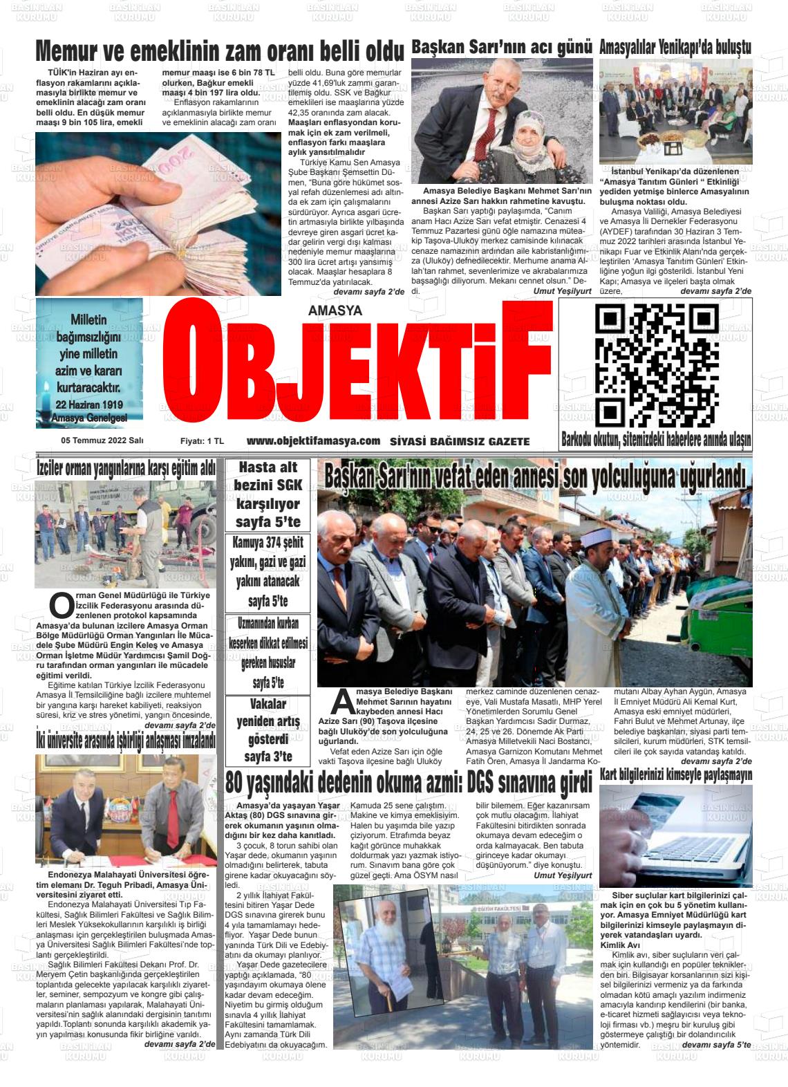 05 Temmuz 2022 Amasya Objektif Gazete Manşeti