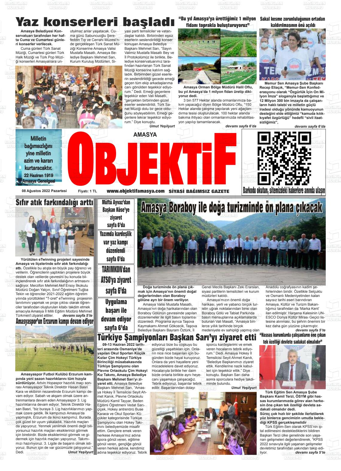 08 Ağustos 2022 Amasya Objektif Gazete Manşeti
