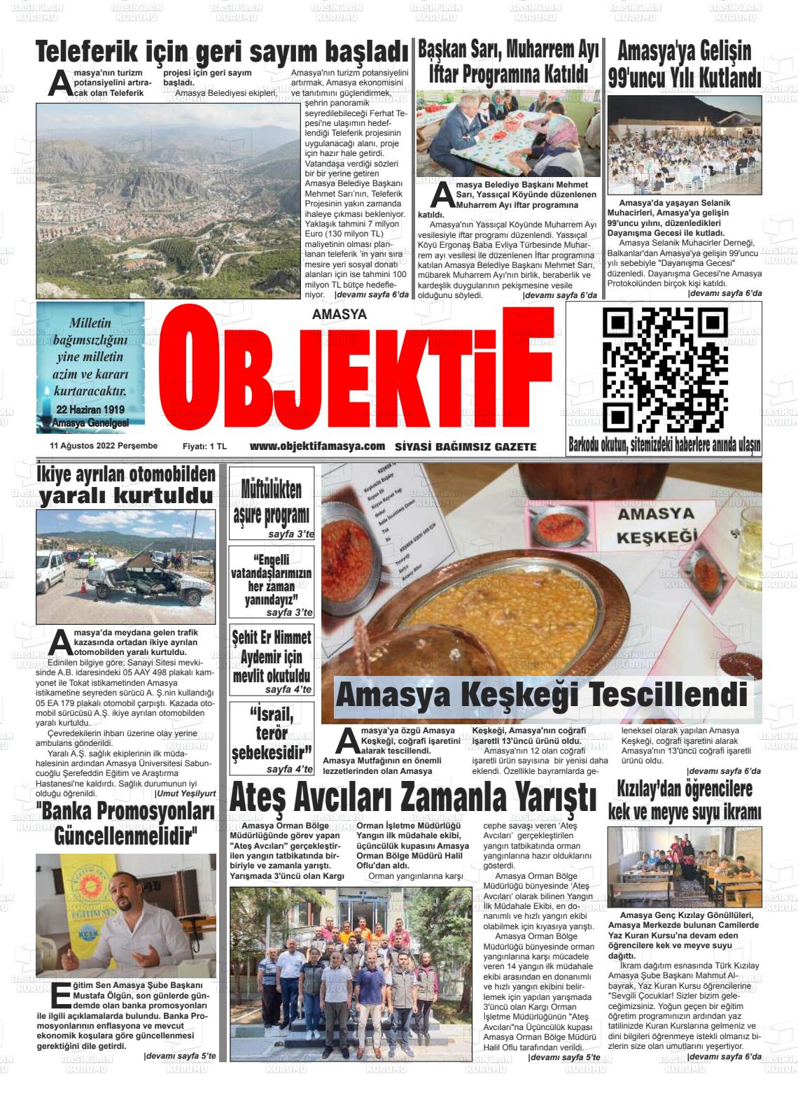 11 Ağustos 2022 Amasya Objektif Gazete Manşeti