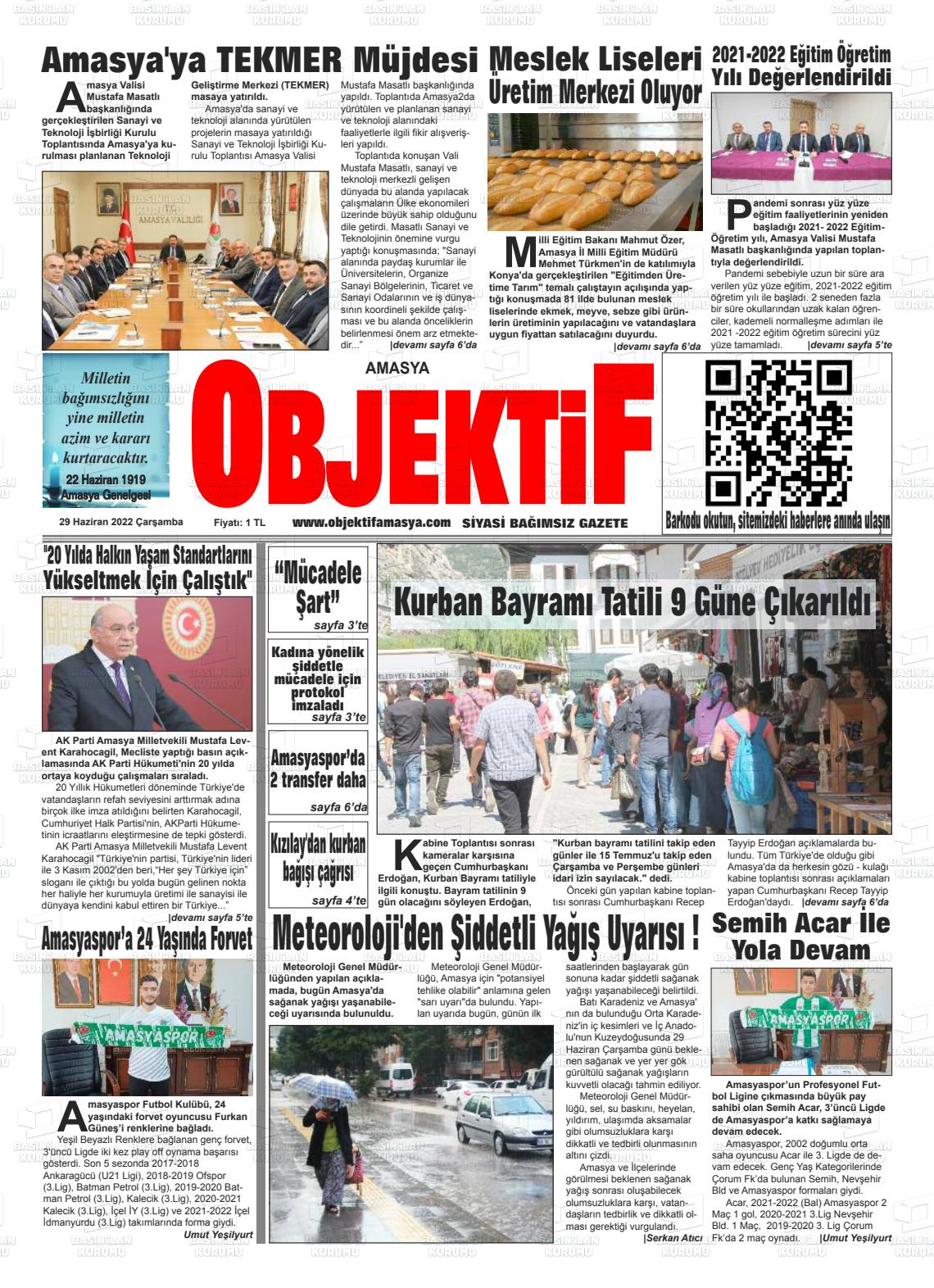 29 Haziran 2022 Amasya Objektif Gazete Manşeti