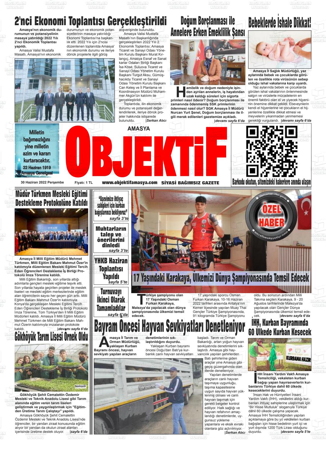 01 Temmuz 2022 Amasya Objektif Gazete Manşeti