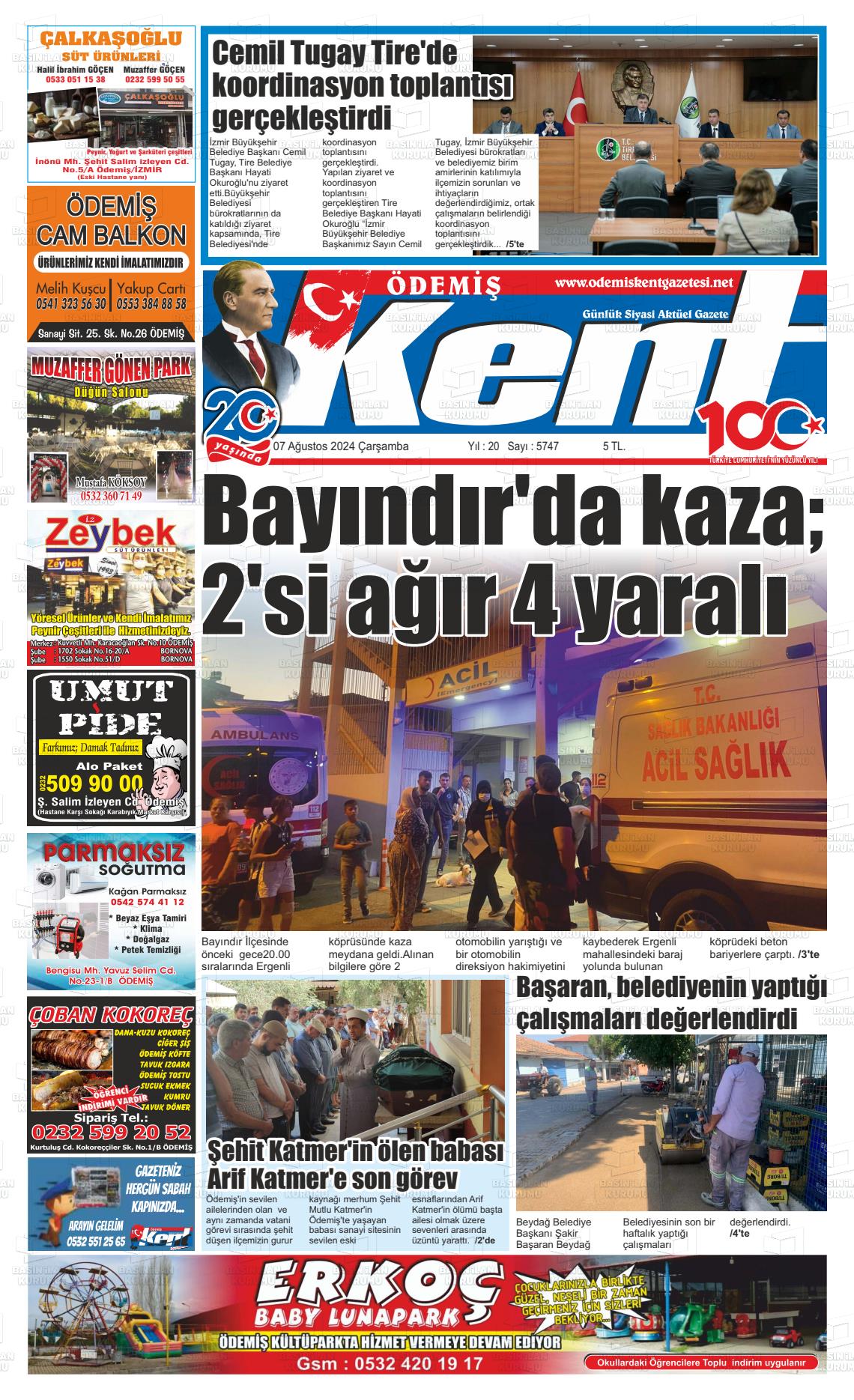 07 Ağustos 2024 Ödemiş Kent Gazete Manşeti