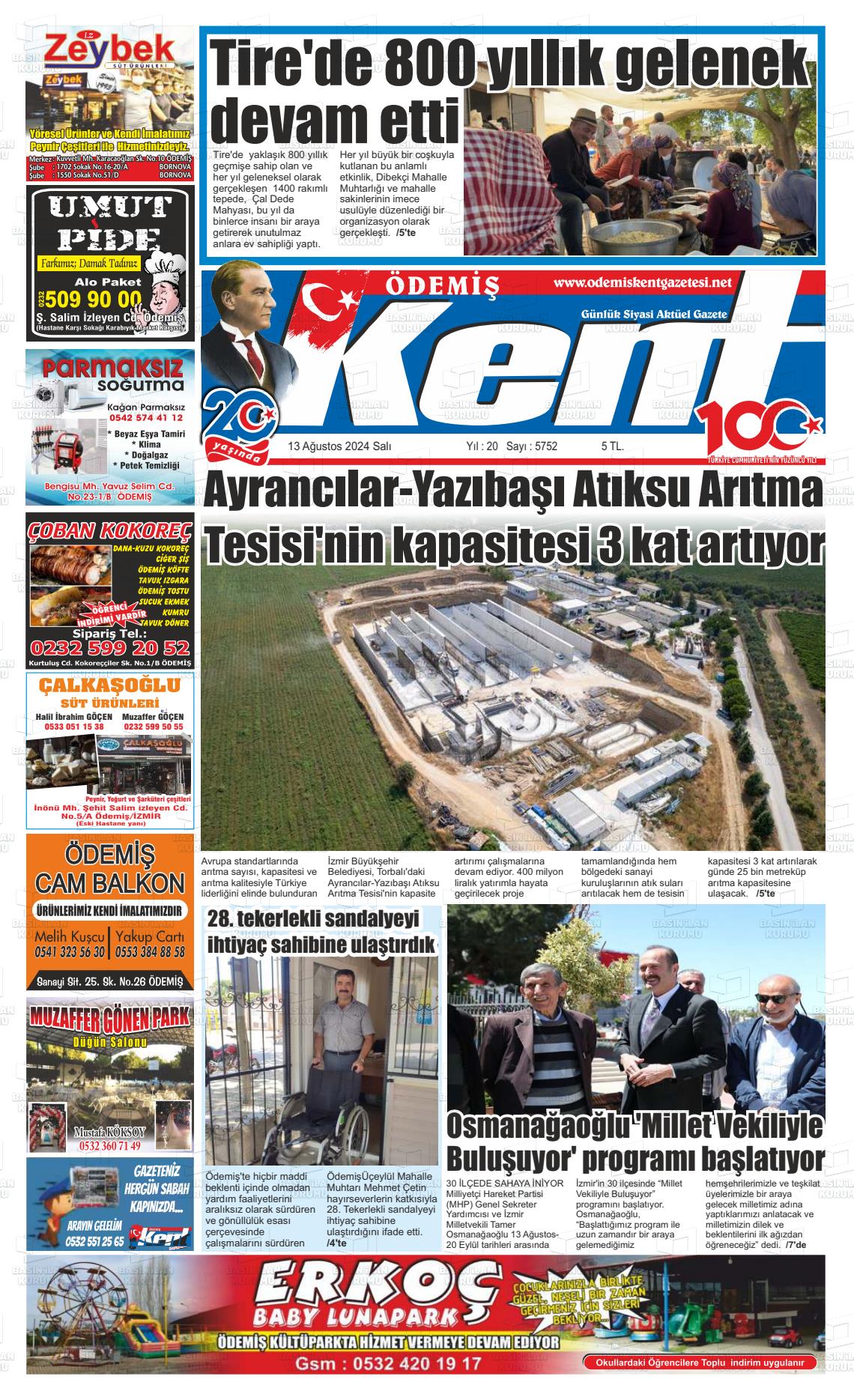 13 Ağustos 2024 Ödemiş Kent Gazete Manşeti