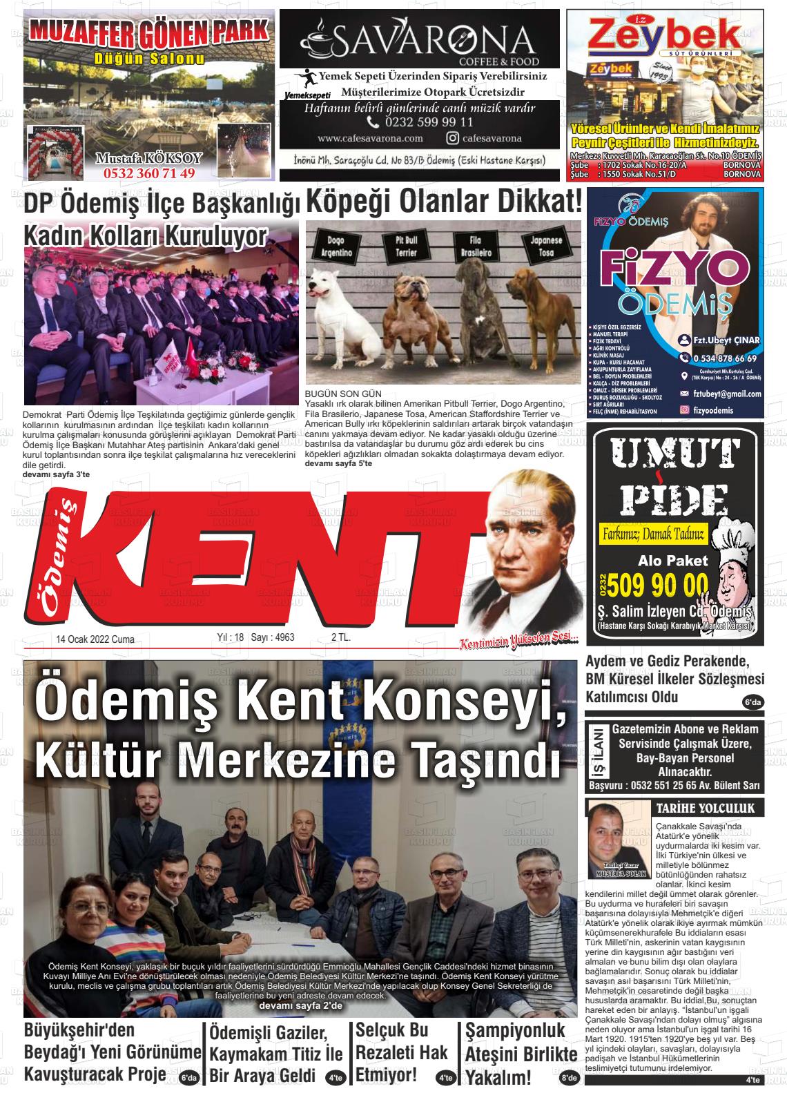 14 Ocak 2022 Ödemiş Kent Gazete Manşeti