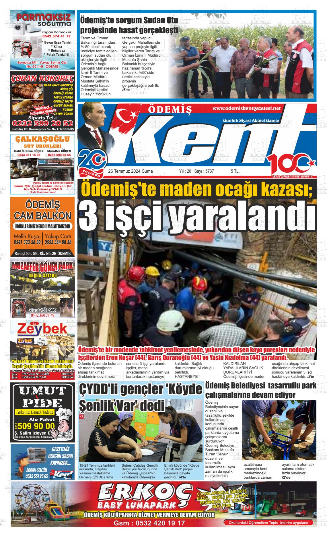 26 Temmuz 2024 Ödemiş Kent Gazete Manşeti