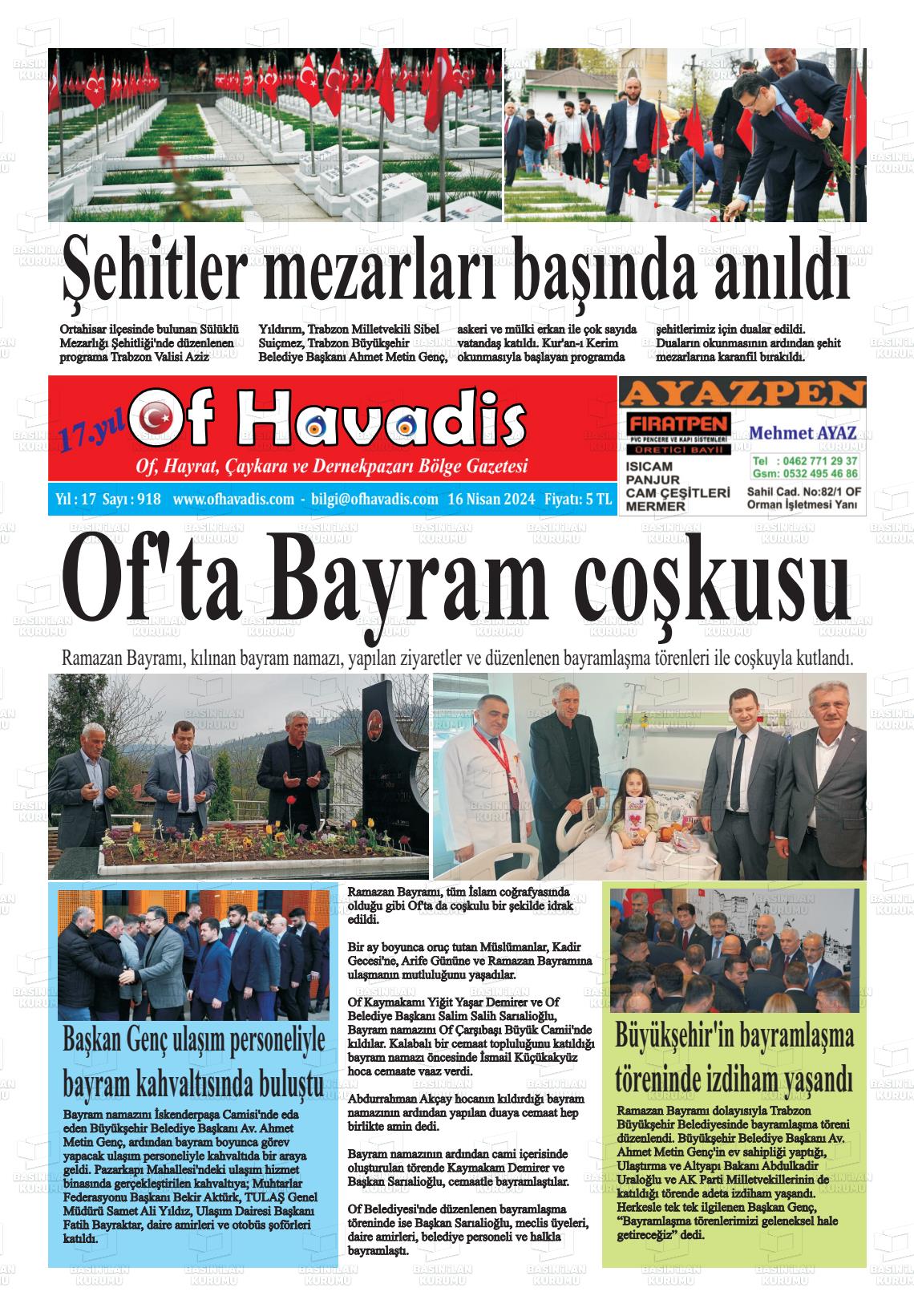 18 Nisan 2024 Of Havadis Gazete Manşeti