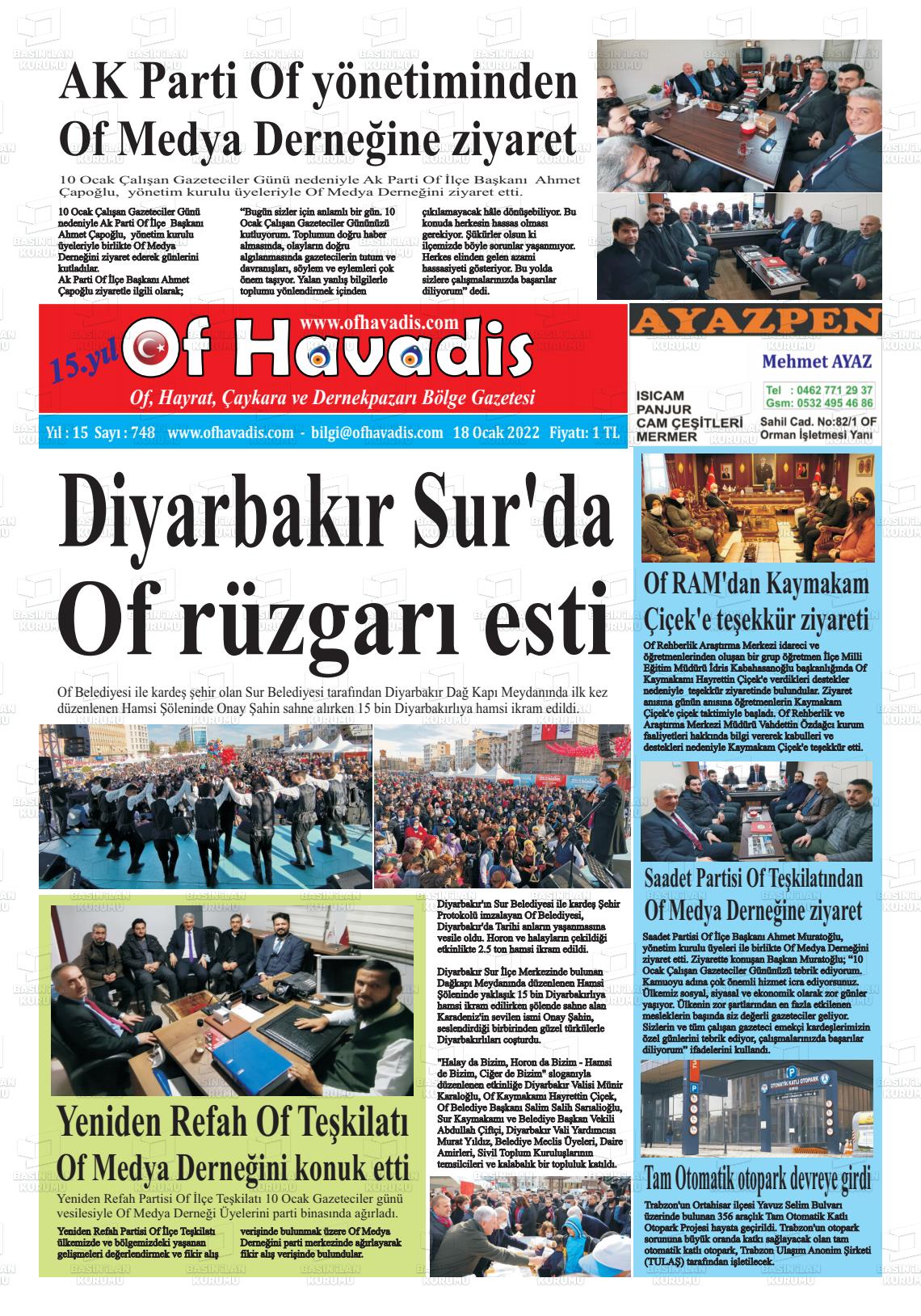 18 Ocak 2022 Of Havadis Gazete Manşeti
