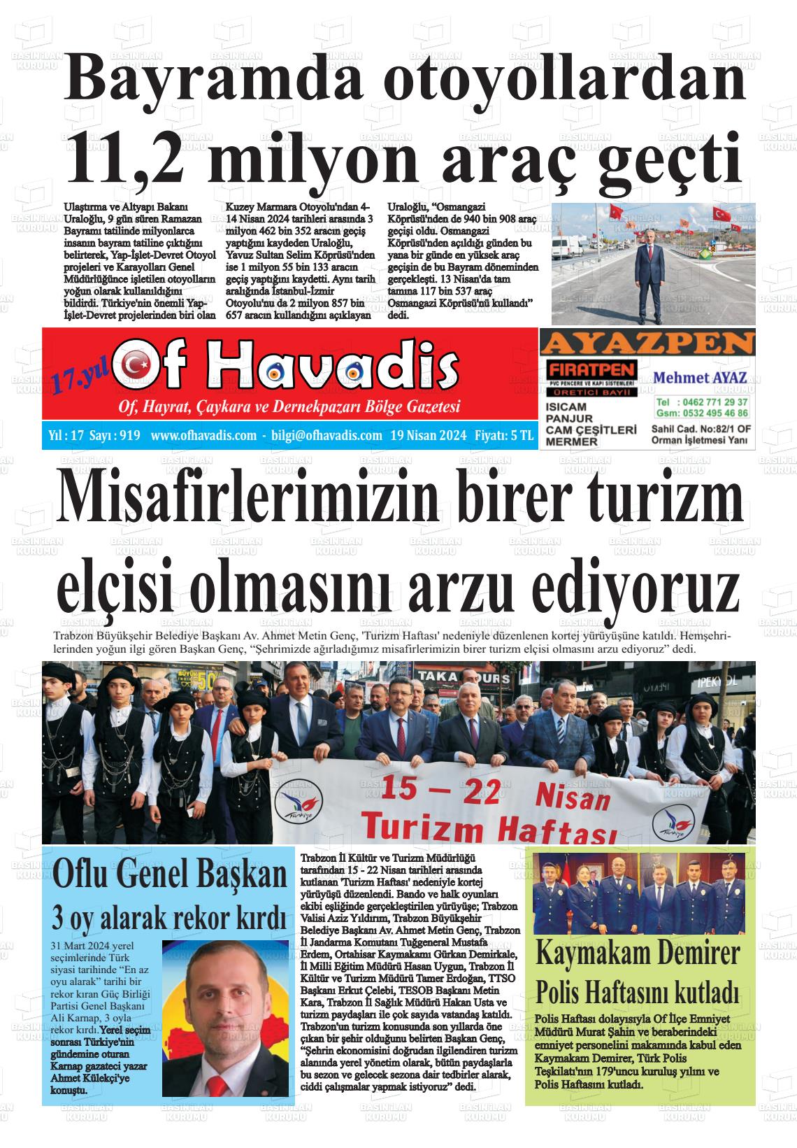 19 Nisan 2024 Of Havadis Gazete Manşeti