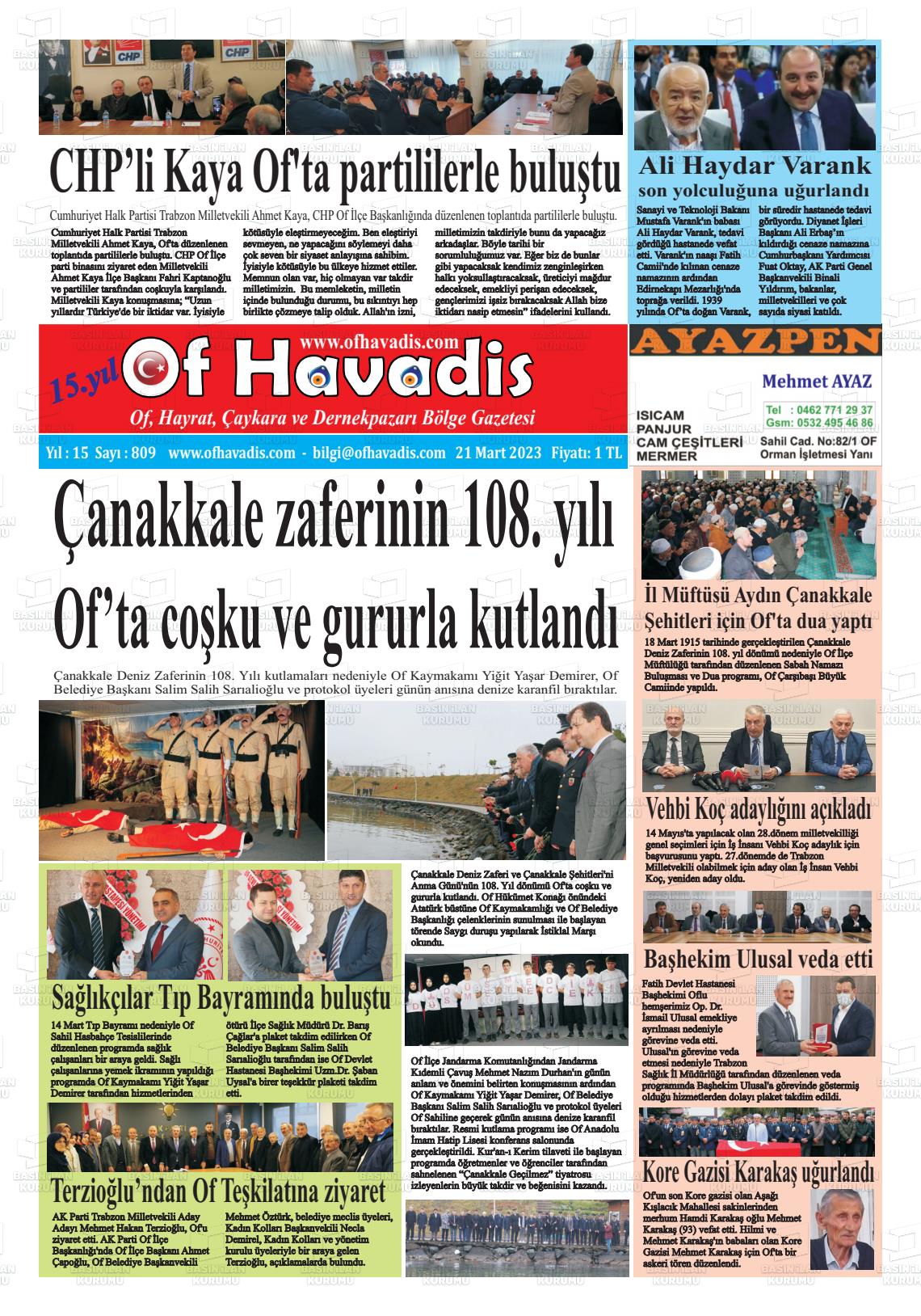 21 Mart 2023 Of Havadis Gazete Manşeti