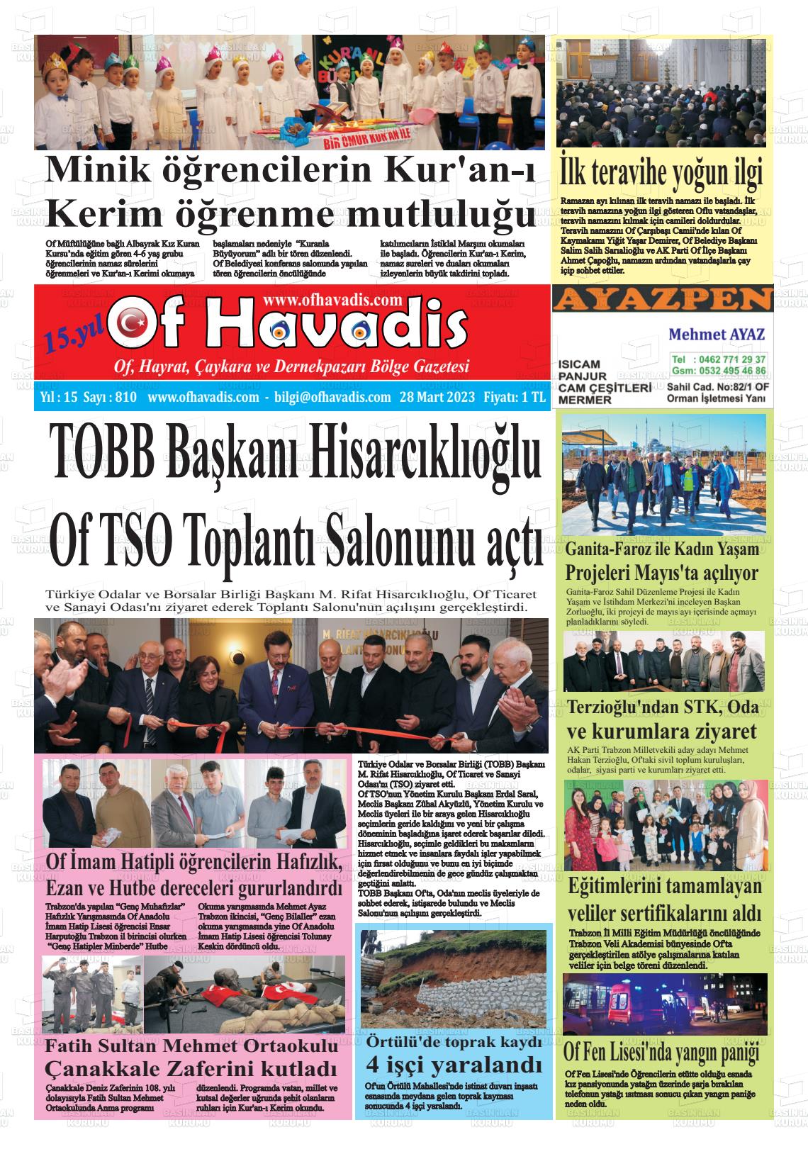 28 Mart 2023 Of Havadis Gazete Manşeti