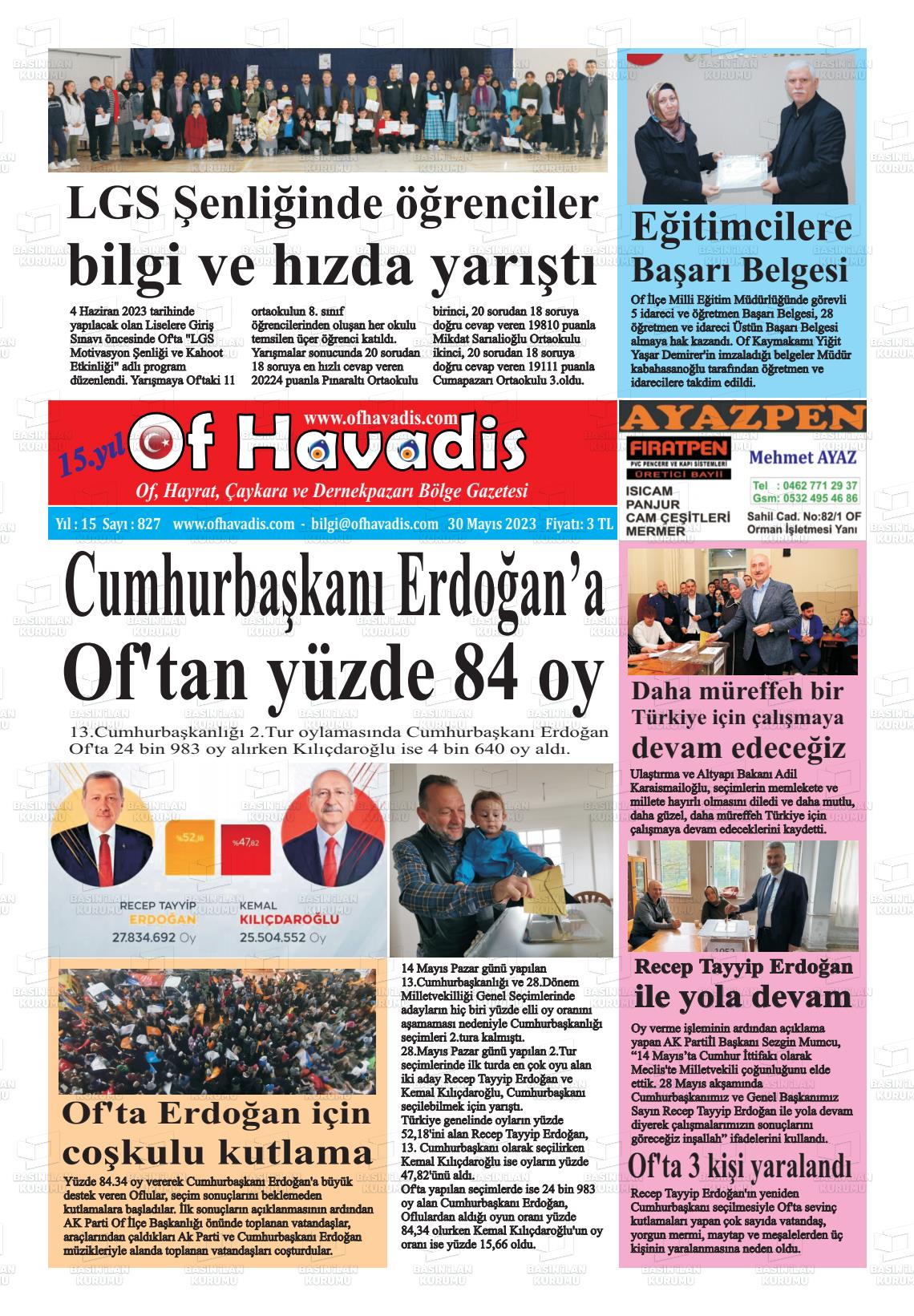 30 Mayıs 2023 Of Havadis Gazete Manşeti