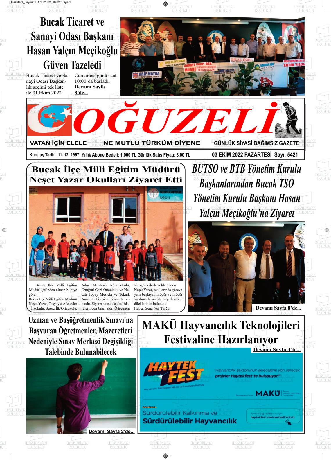 03 Ekim 2022 Oğuzeli Gazete Manşeti