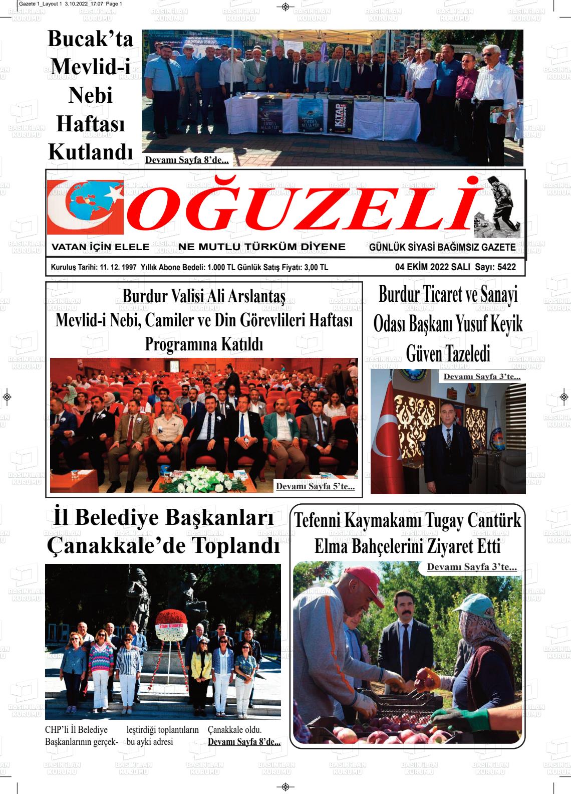 04 Ekim 2022 Oğuzeli Gazete Manşeti