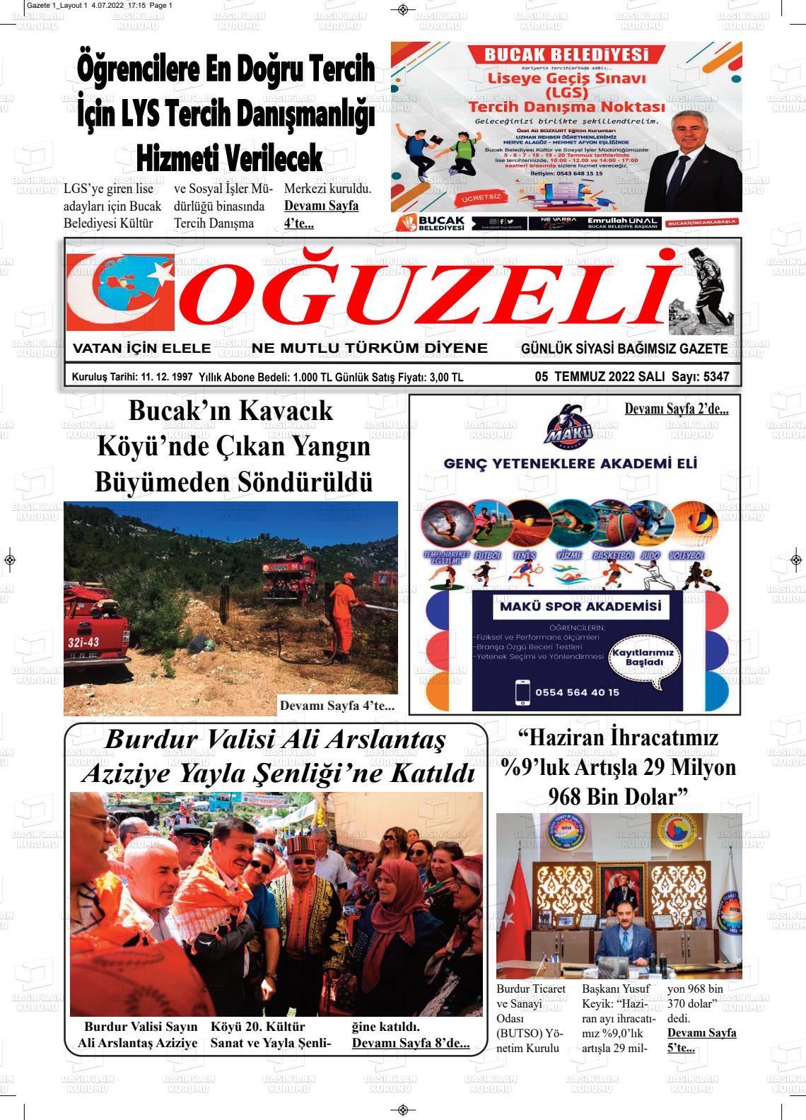 05 Temmuz 2022 Oğuzeli Gazete Manşeti