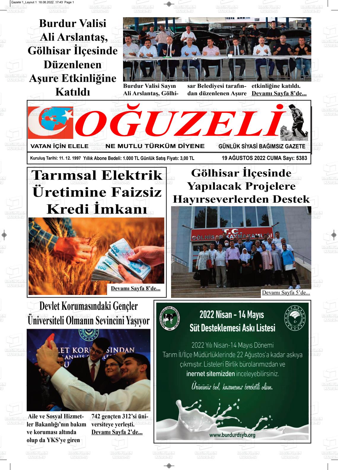 19 Ağustos 2022 Oğuzeli Gazete Manşeti