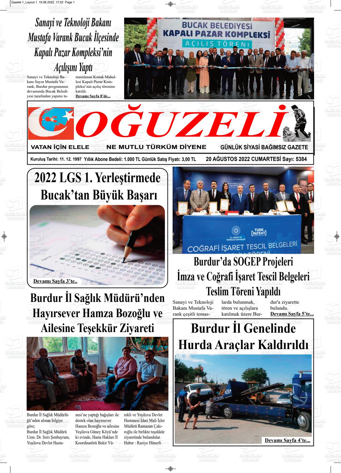 20 Ağustos 2022 Oğuzeli Gazete Manşeti
