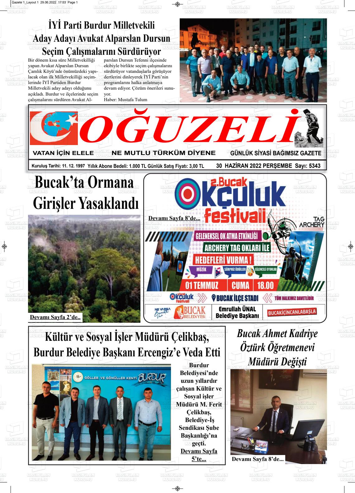 02 Temmuz 2022 Oğuzeli Gazete Manşeti