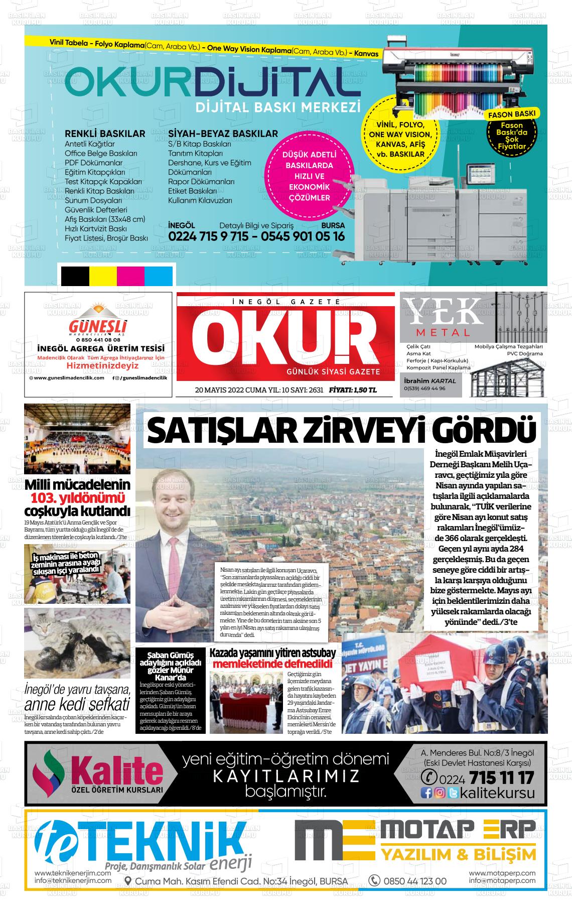 20 Mayıs 2022 İnegöl Okur Gazete Manşeti