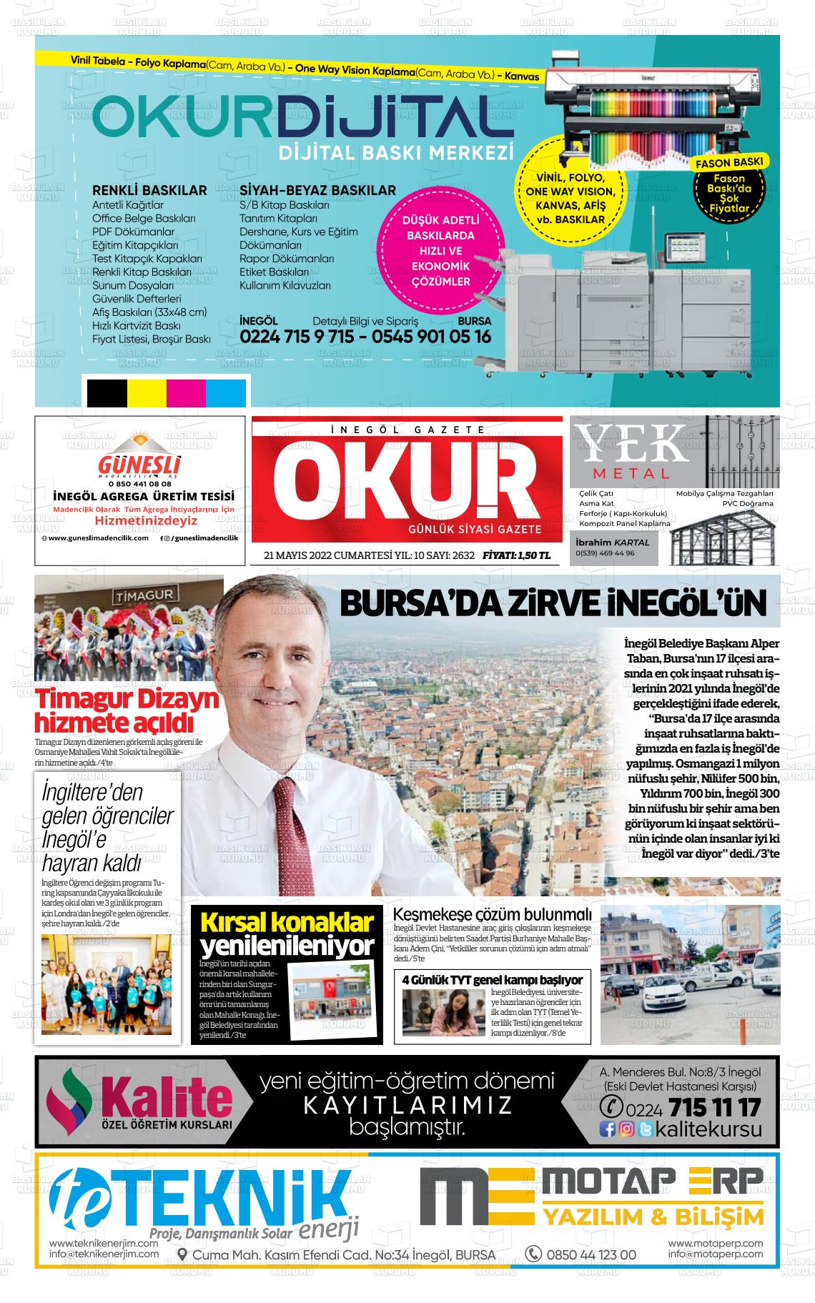 21 Mayıs 2022 İnegöl Okur Gazete Manşeti