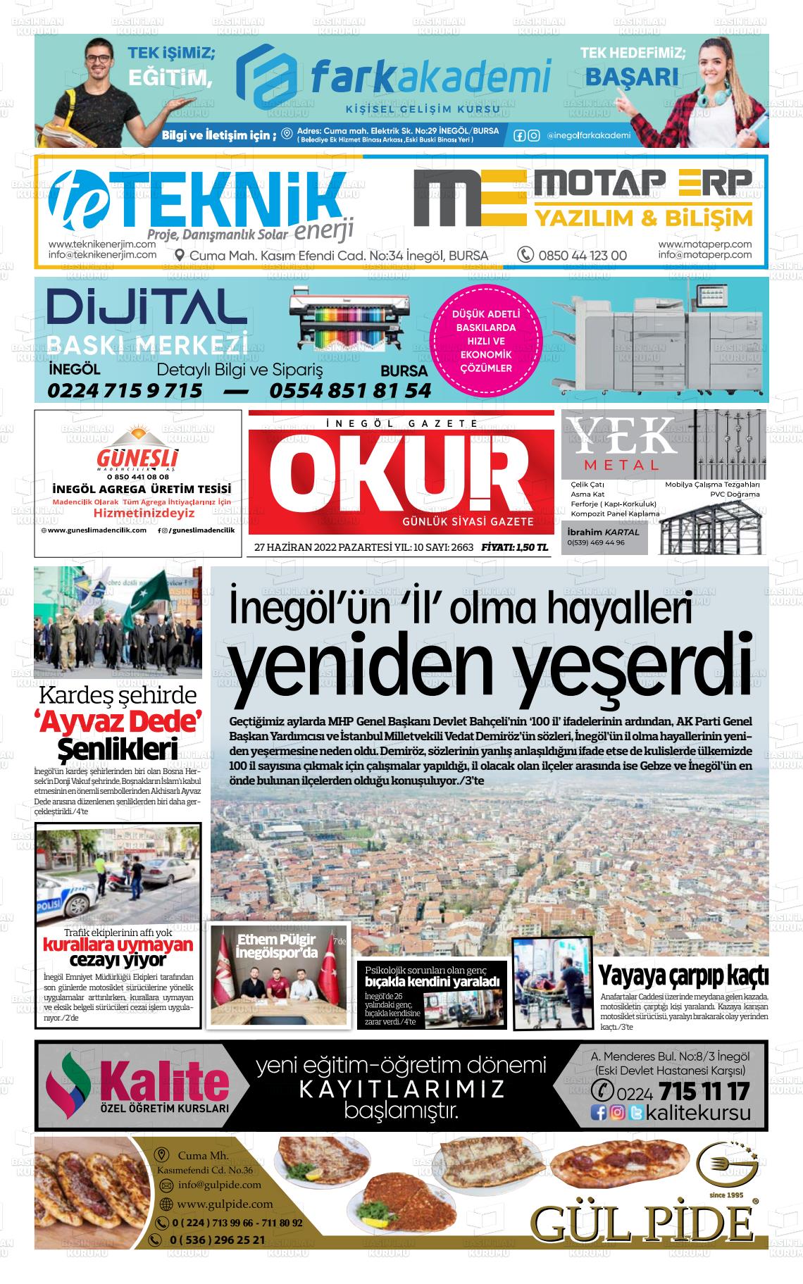 İnegöl Okur Gazete Manşeti