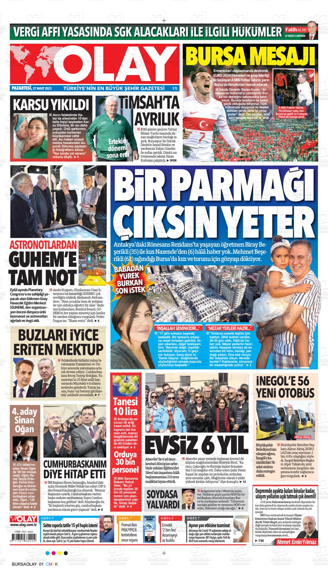 27 Mart 2023 Olay Gazete Manşeti