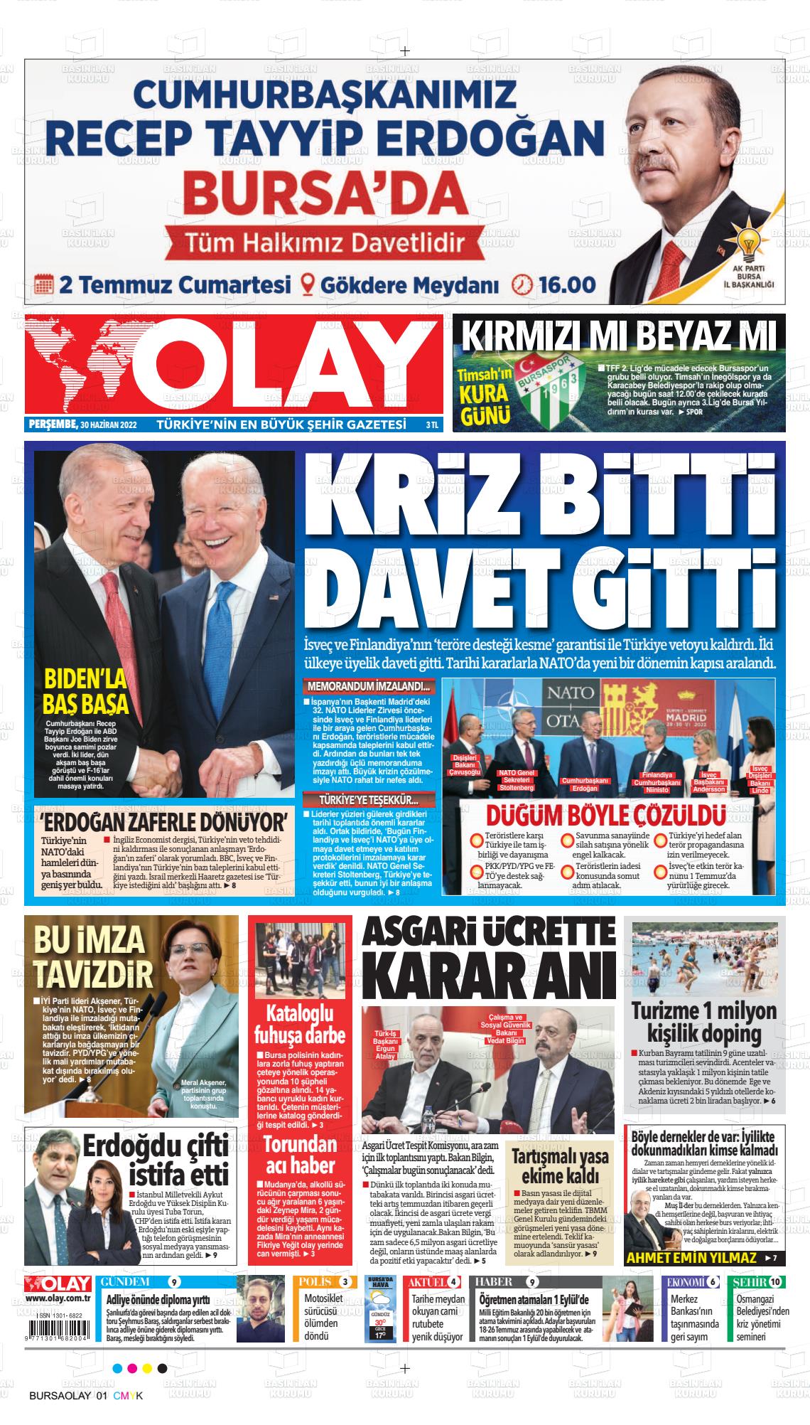 01 Temmuz 2022 Olay Gazete Manşeti