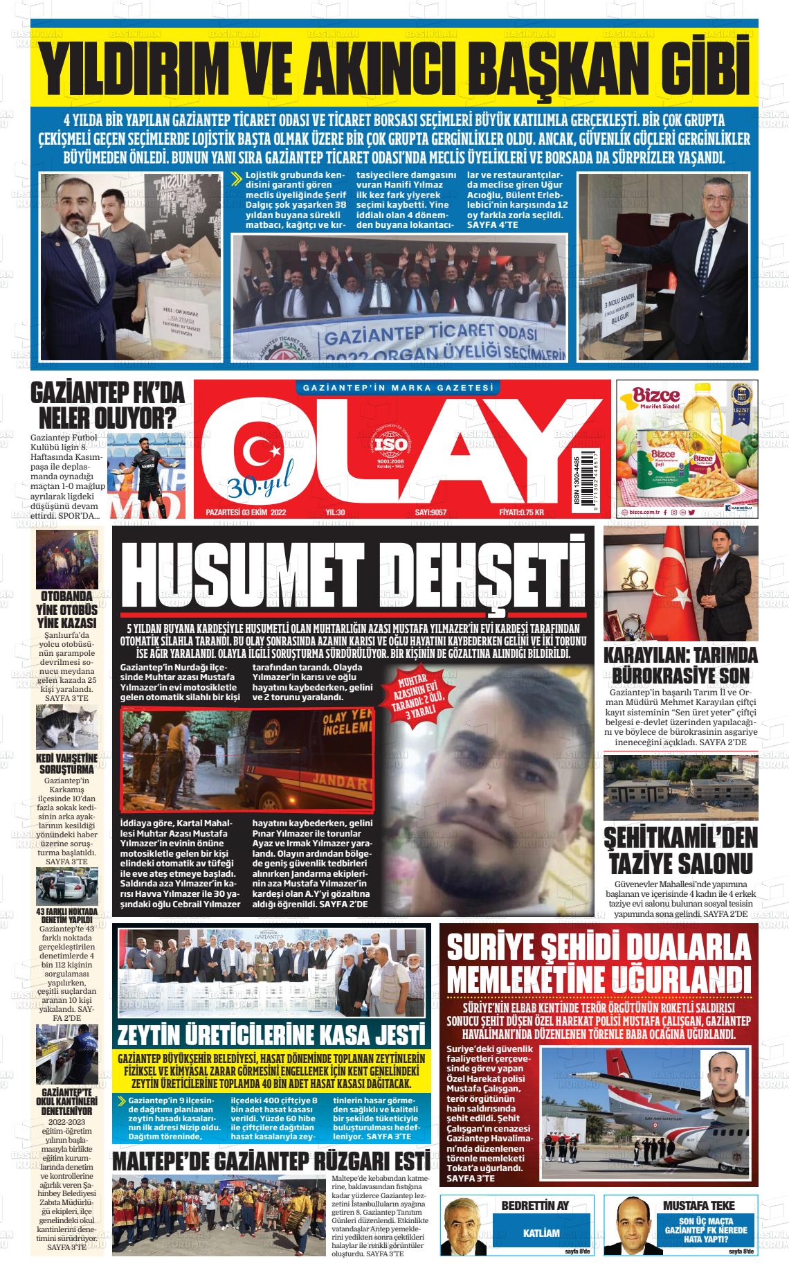 03 Ekim 2022 Olay Medya Gazete Manşeti