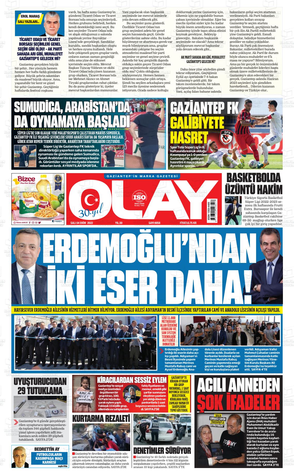 04 Ekim 2022 Olay Medya Gazete Manşeti